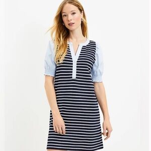 LOFT Striped Mixed Media V-Neck Shift Dress, XS